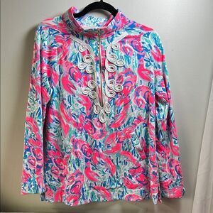 Lilly Pulitzer Coral Cracked Up Skipper Popover with Pink and Blue Patterns